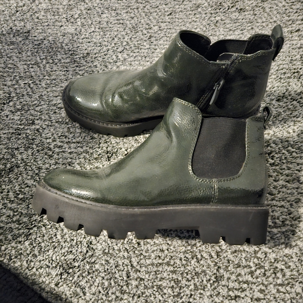 Franco Sarto Glossy Olive Patent Chelsea Lug Booties